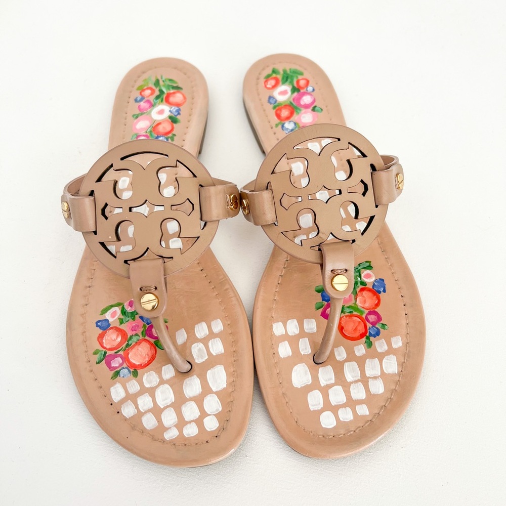 Tory Burch Miller Sandals Sz 8.5 Professionally Painted by Artist One of A Kind
